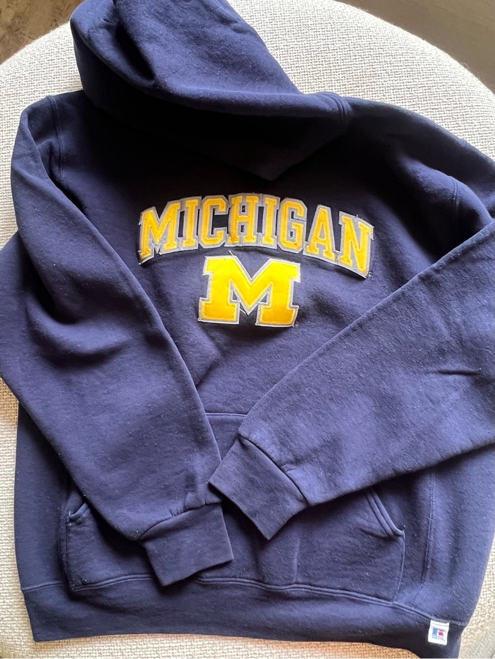 Russell Athletic Navy Crewneck Sweatshirt with Yellow Michigan Applique - Large